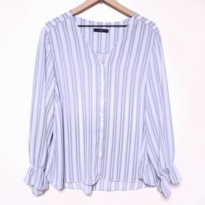 Tahari Women Plus 1x Top Blue & White Striped Long Sleeve Blouse Button Down
